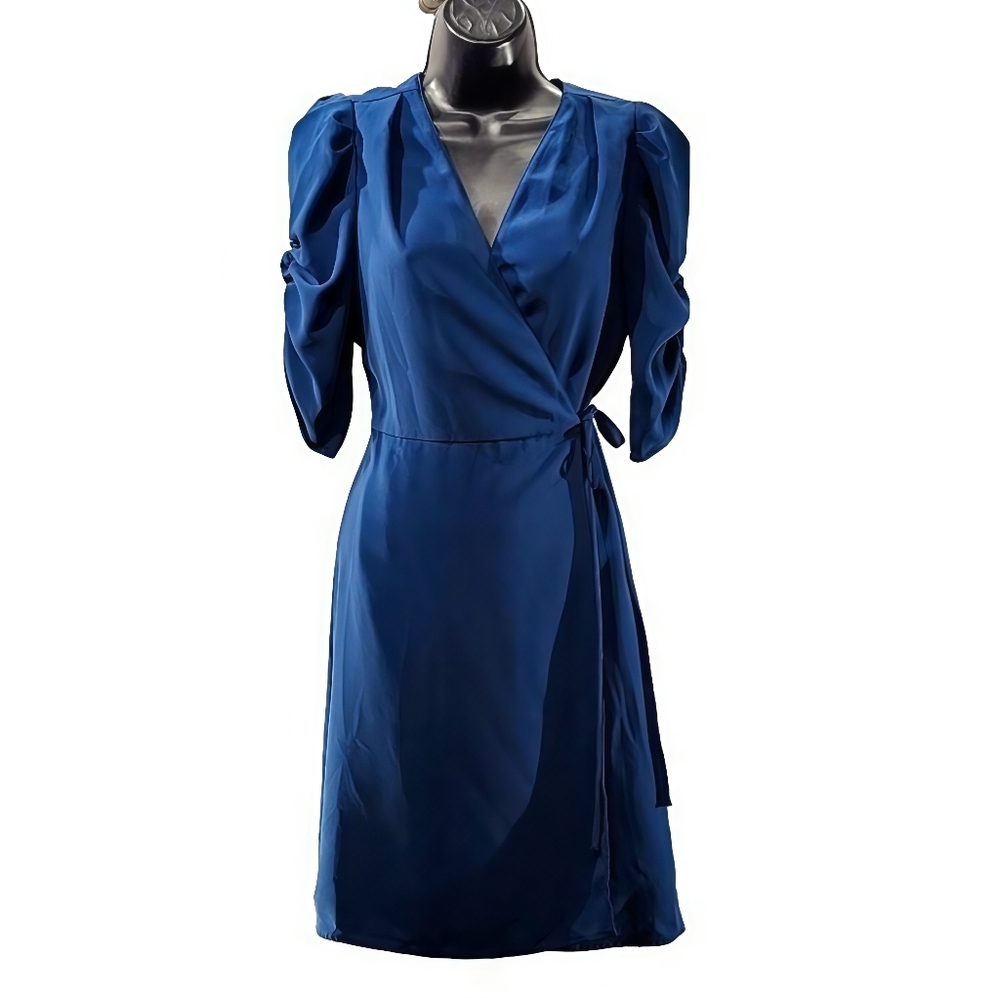 AMANDA UPRICHARD VIRGINIA Blue Wrap Dress With Puff Sleeves, Size Small